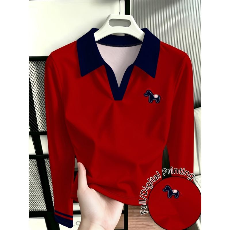 Women's new long-sleeved fashionable and versatile polo shirt, red contrast lapel pony print design long-sleeved polo shirt