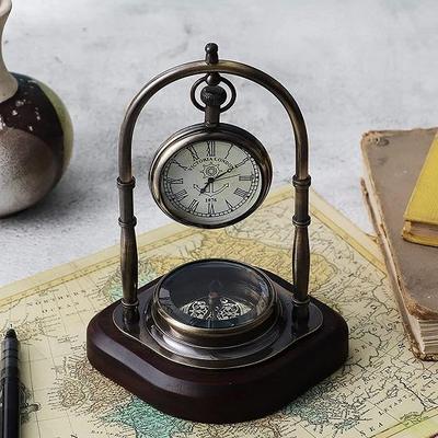 Reloj de mesa de estilo vintage náutico de latón antiguo con madera