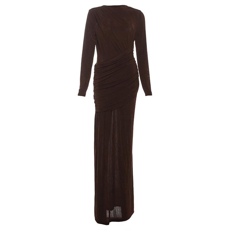 Women s Brown High Neck Long Sleeve Tiered Maxi Dress S темно-коричневого