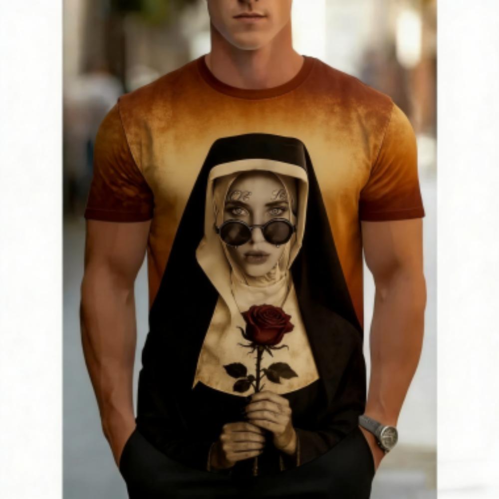 Europe America Tattoo Nun Print Men s T-Shirts Fashion Street Short-Sleeve Outdoor Casual Tops Men s and Women s Tees Top XXS