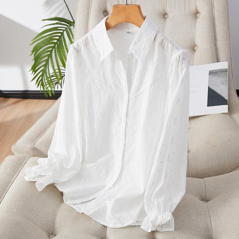 

Абрикосовая вышитая рубашка женская с длинным рукавом весенняя одежда новая свободная блузка темпераментная леди чистый хлопок белая рубашка M белый