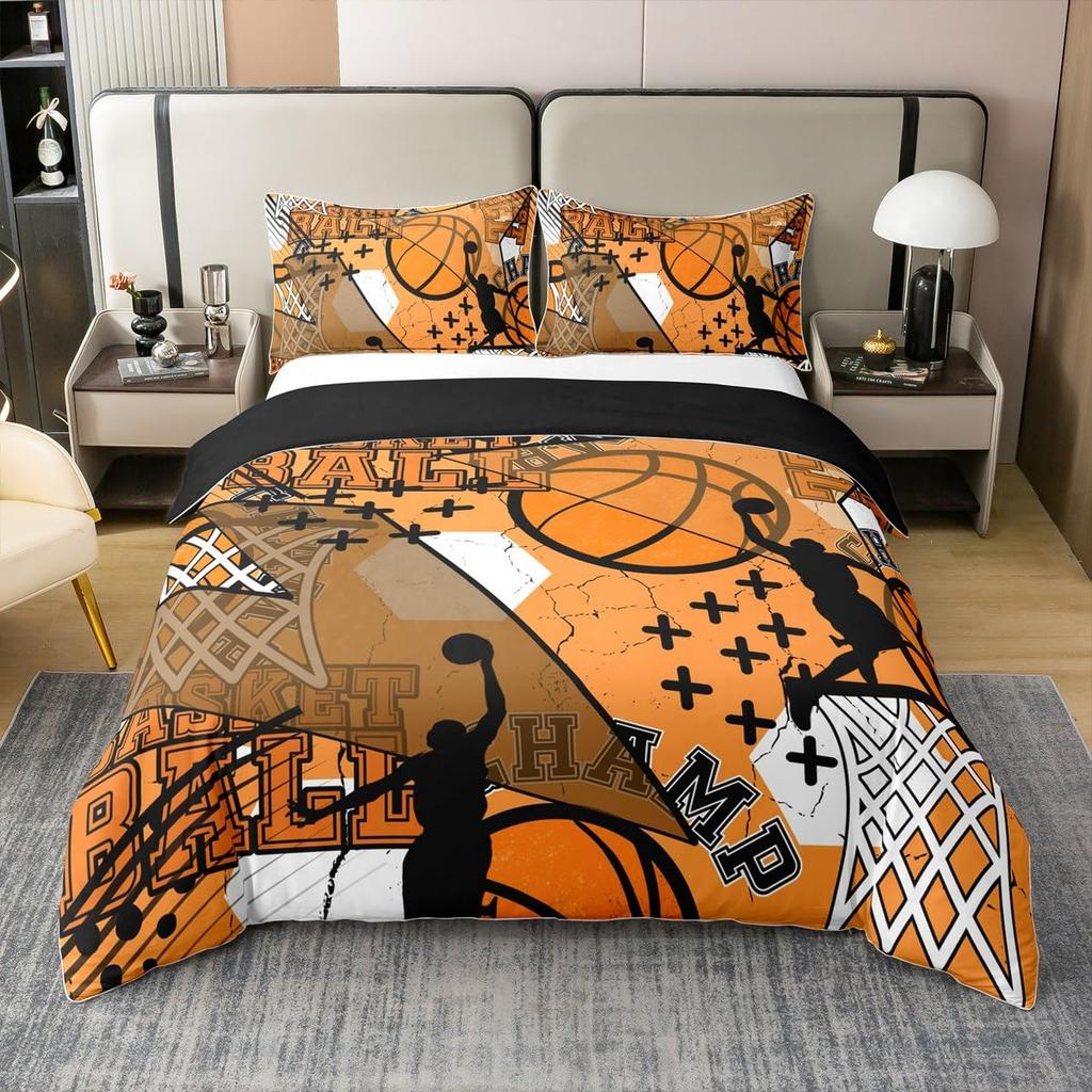 Basketplan Print Sängkläder Set Enkelstorlek, Bollsporter Spel Tematiserat Påslakan, Pojkar Spelrum Inredning Täckeöverdrag