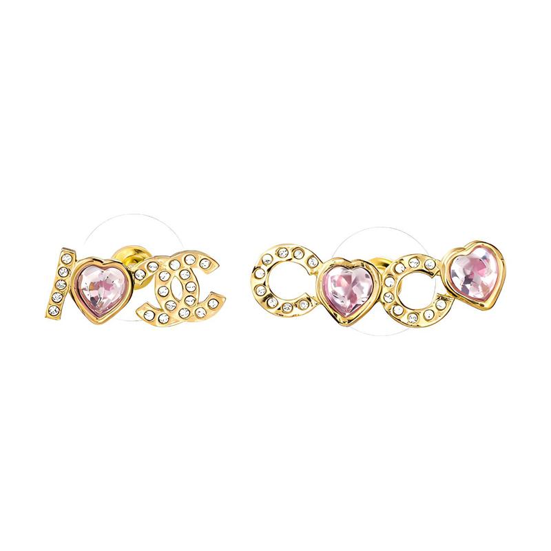 

CHANEL coco pink crystal asymmetrical rhinestone metal earrings for women золотий