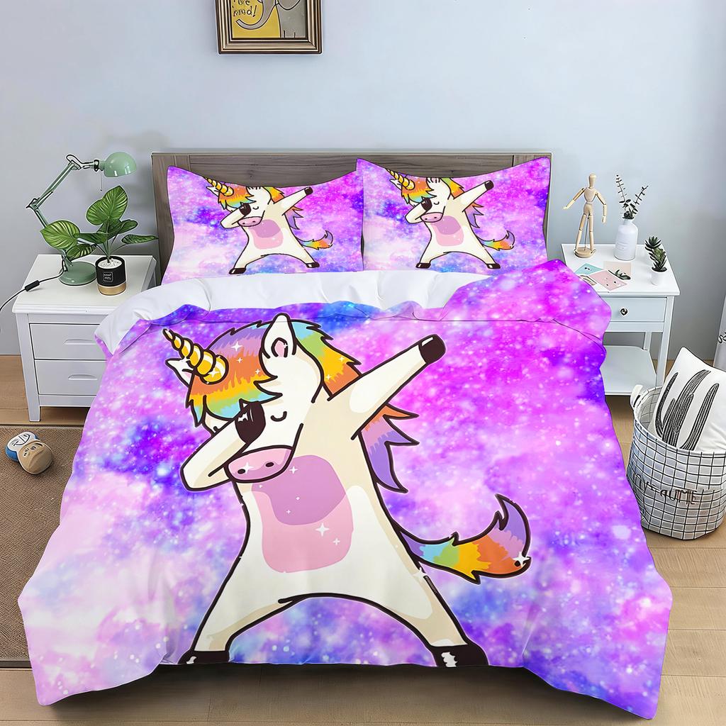 Cute Flowers Rainbow Unicorn Couple Bedding Set Pink Hearts Duvet Cover Pillowcase For Girls Bedroom Decor