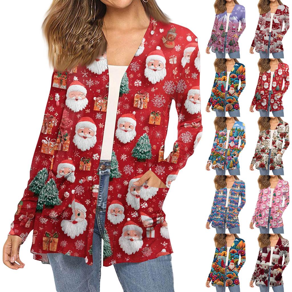 Dámský módní vánoční potisk dlouhý rukáv kapsy slim fit kardigan kabát