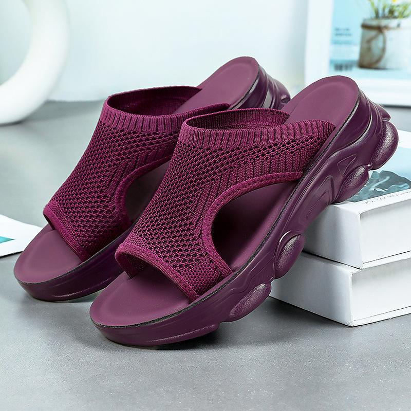 Shoes women's summer new foreign trade slope heel slippers women's thick-soled women's sandals mesh hollow breathable outside wear half drag