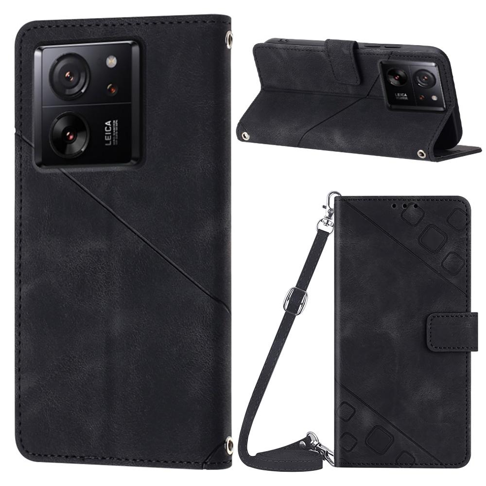 

For Xiaomi 13T/13T Pro/Redmi K60 Ultra Phone Case with Shoulder Strap Skin-Touch Leather Wallet Stand Cover Black