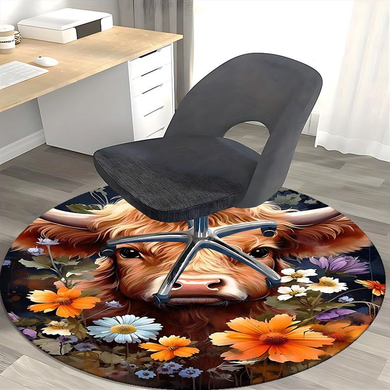 

1pc Highland Cow with Flowers Round Carpet Anime Design Chair Mat for Office, Home Decor, Living Room, Bedroom, Game Room, Non Slip Rug 80cm
