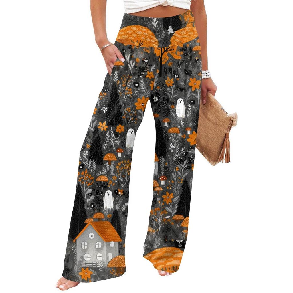 Women's Casual Time Straight Leg Pants Print High Waist Pants With Pockets