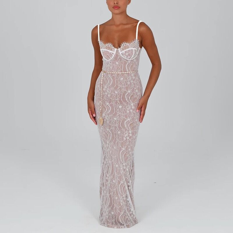 

European and American style women s clothing new lace suspender fashion temperament dress long dress off-the-shoulder slim dress L