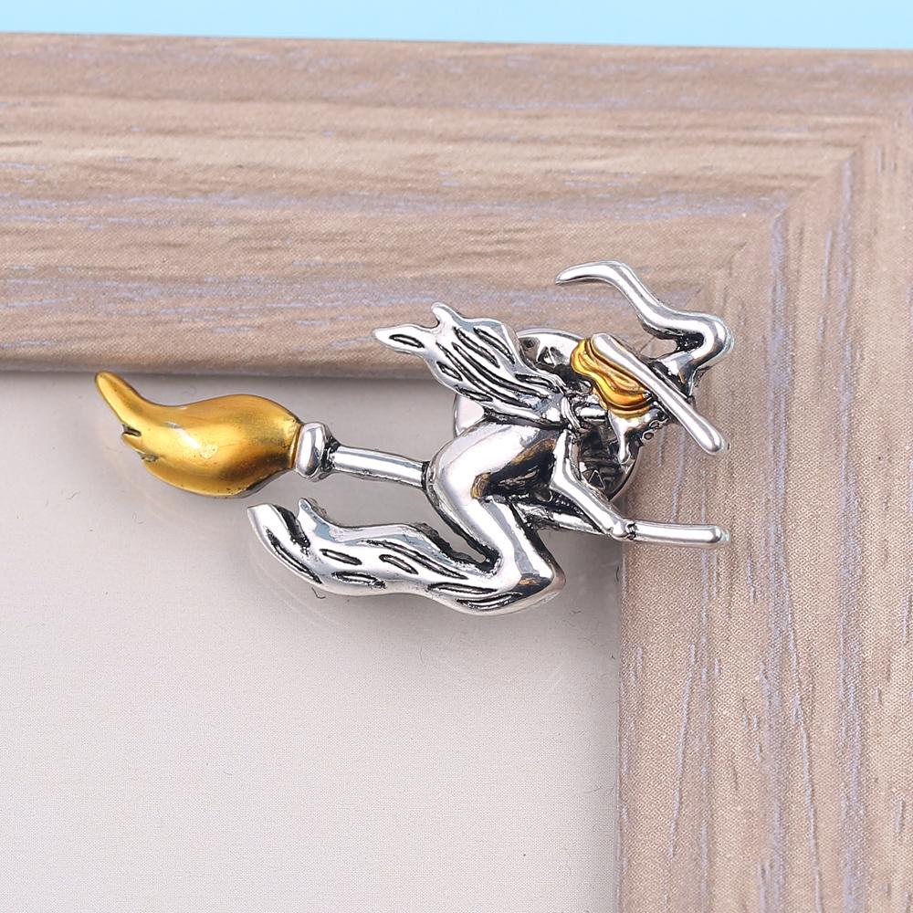 Top Quality Unique Metal Witch Riding A Broom In Flight Yellow Hair Hat Lapel Pins Brooch Women Accessories for Women