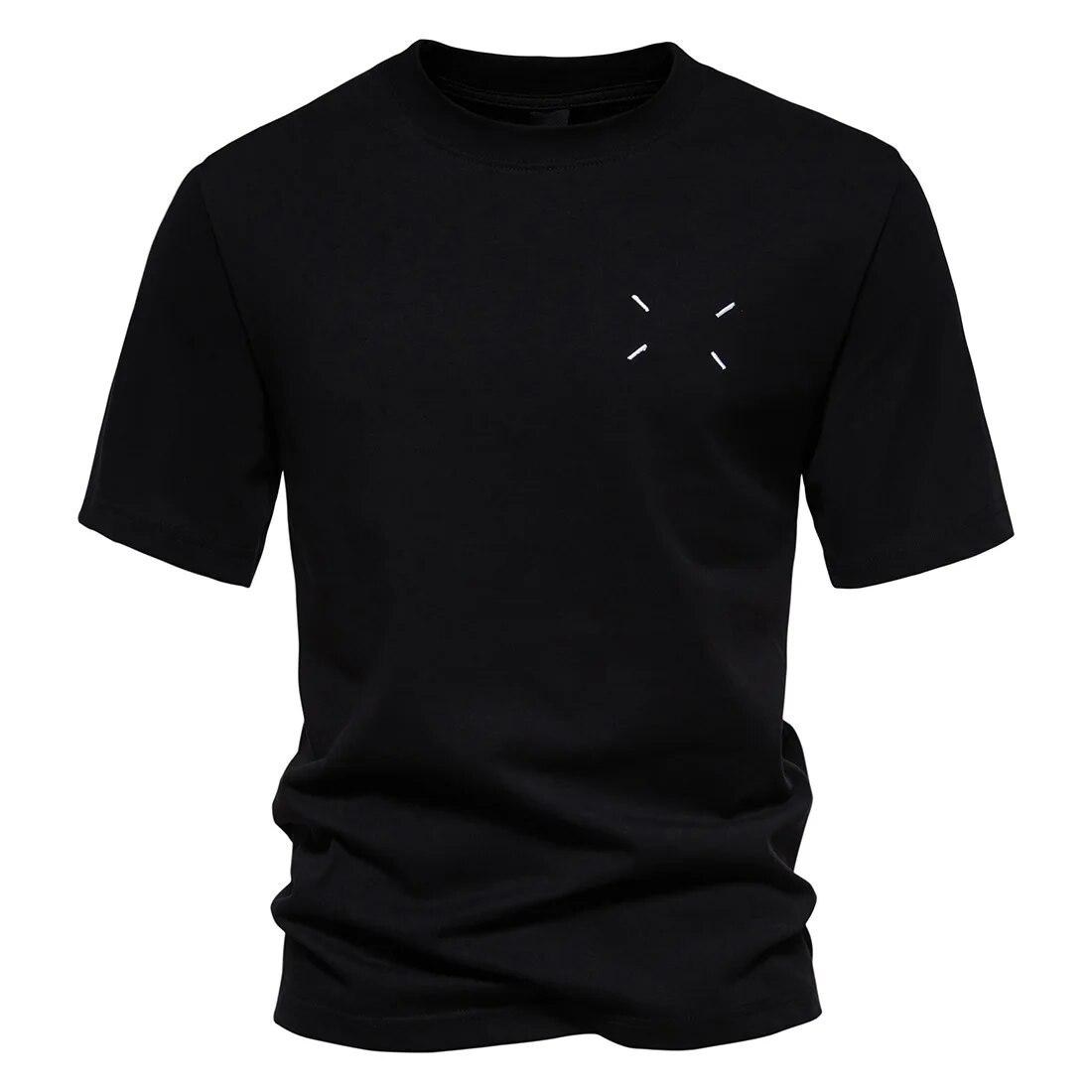 Мужская простая футболка с круглым воротником, повседневные однотонные хлопковые футболки с короткими рукавами и четырехточечной вышивкой 4XL чёрный