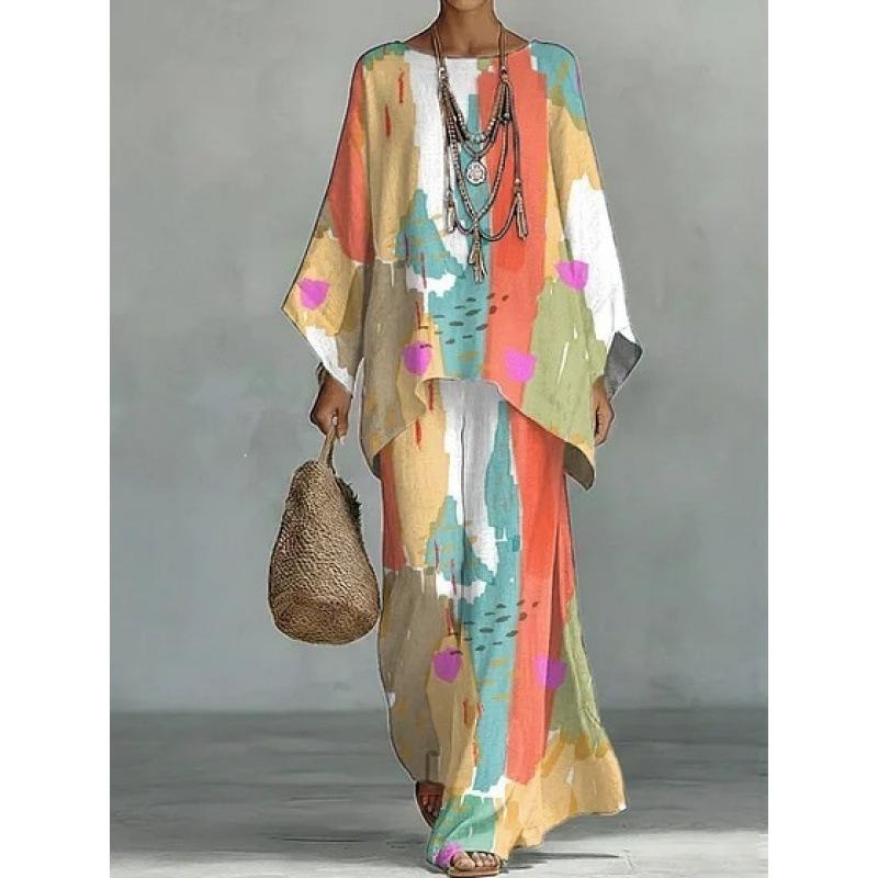 New round neck bat sleeve printed loose set bohemian lazy casual two-piece set