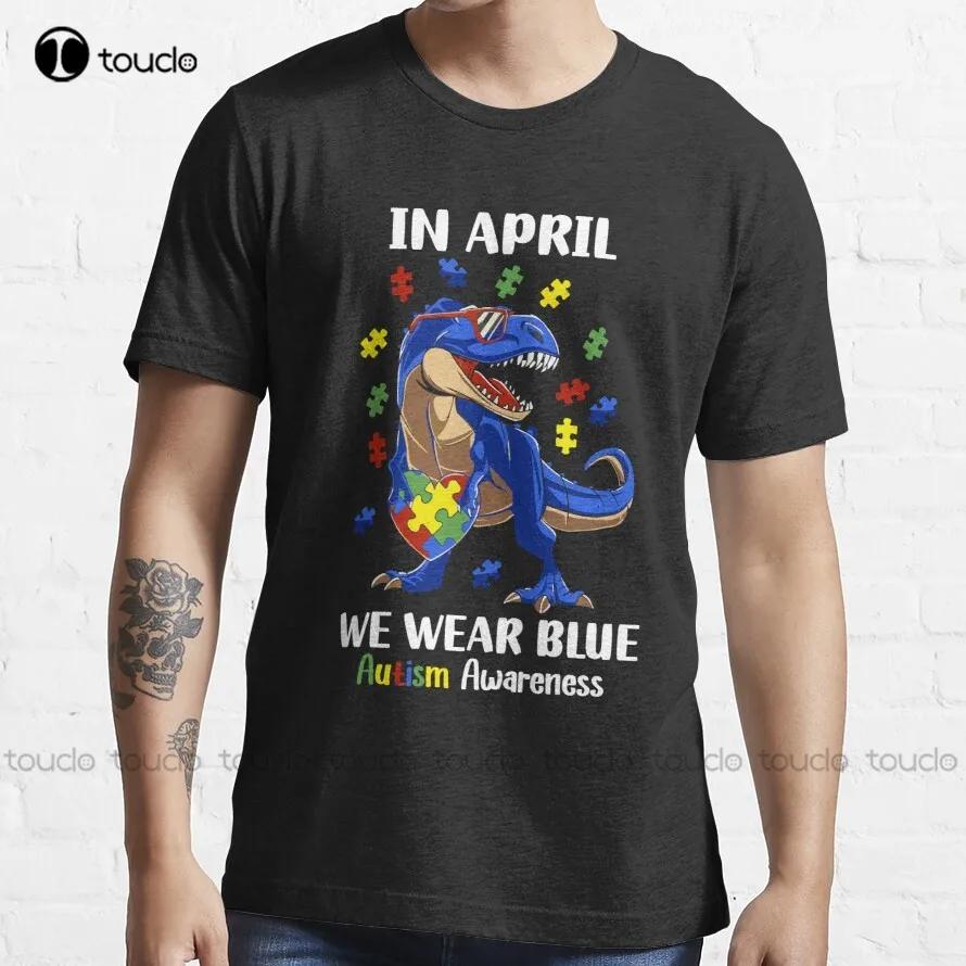 In April We Wear Blue Dinosaur Autism Awareness Month TShirt SizeShirts Xs5xl All SeasonsBreathable Cotton Unisex Retro