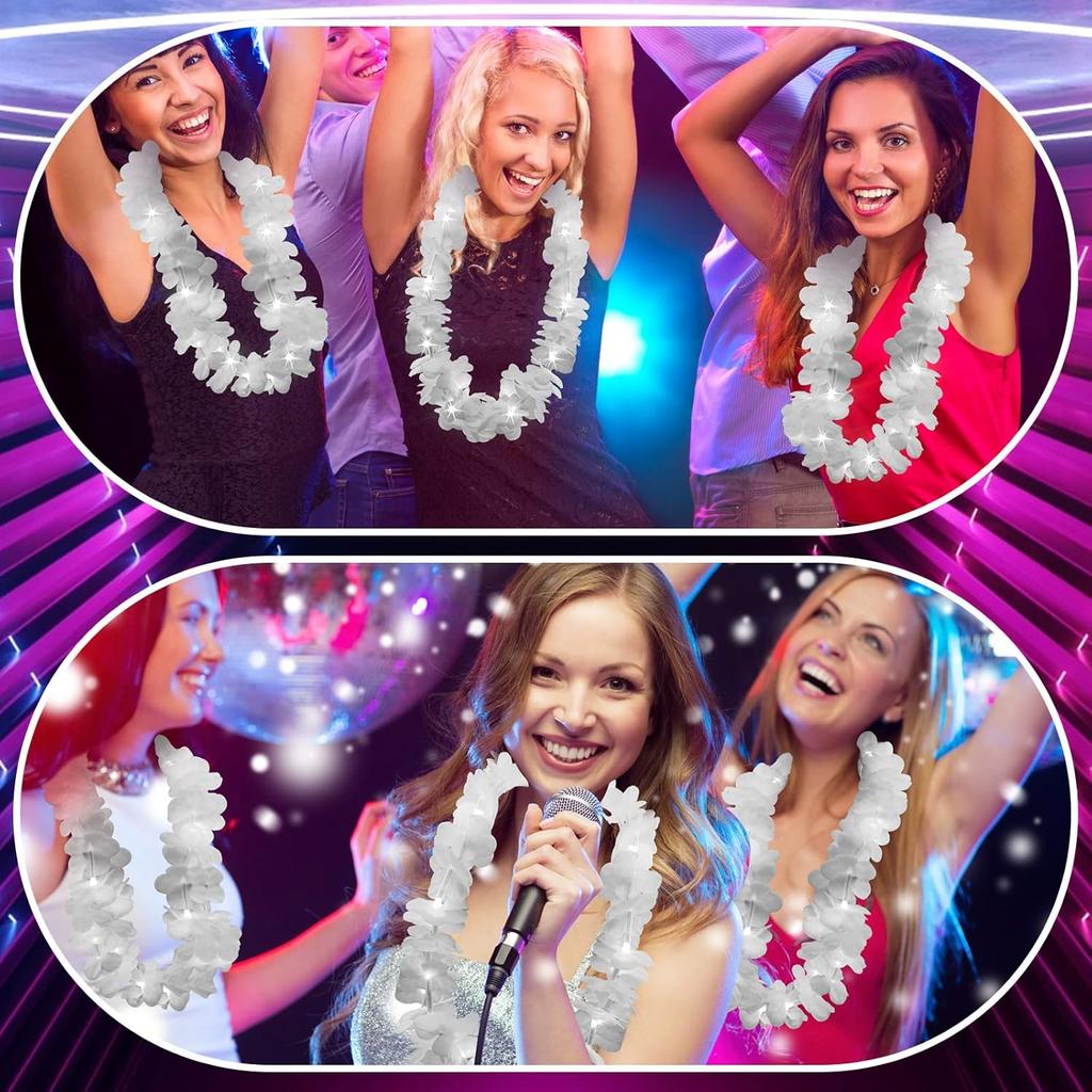 Sherr 48 Pcs LED Hawaiian Leis Light up Flower Leis Necklace with LED Lights Luau Flowers Necklaces for Masquerade Beach Wedding Tropical Themed