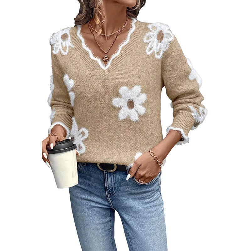 2025 Autumn Sweet Floral V-Neck Loose Sweater for Women