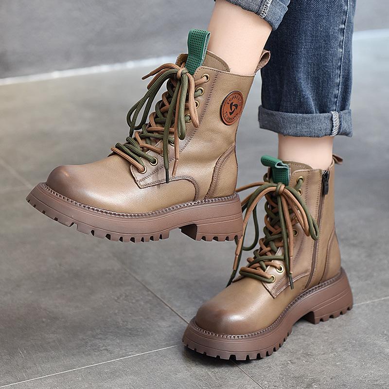 First-layer cowhide British wind locomotive boots round head thick-soled versatile short boots women's autumn and winter high-top Martin boots women's