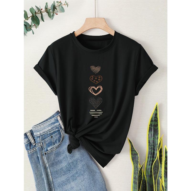 

Womens Black Heart Print Vintage Style Summer Casual Sporty Round Neck Short Sleeve Tee 4XL