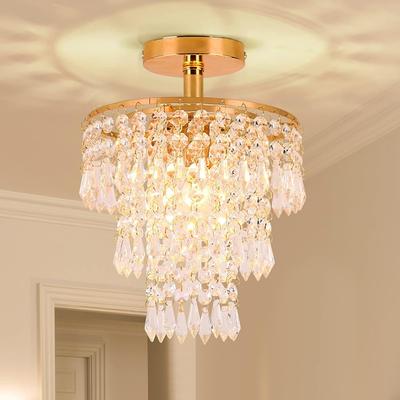 Mini Size Crystal Chandelier Modern Flush Mount Ceiling Light 3 Tiers Raindrops Crystal Pendant Lighting ,E26 Base,Gold