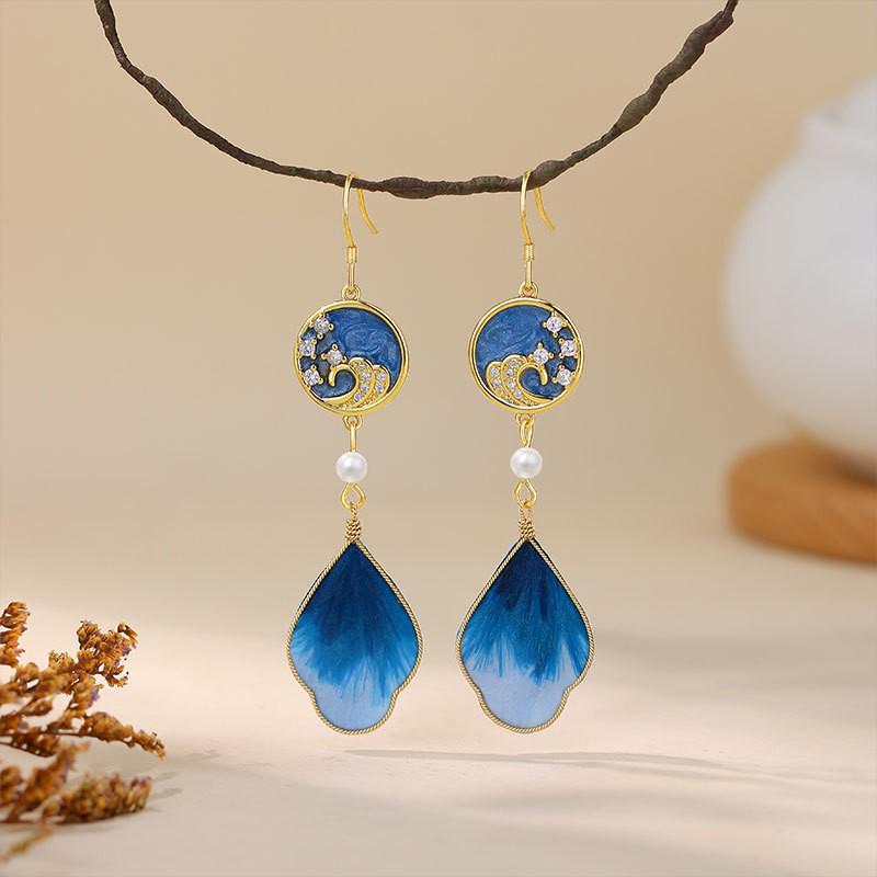 Ancient Style Chinese Silk Velvet Flower Earrings with Enamel Craftsmanship and Sea Wave Design.