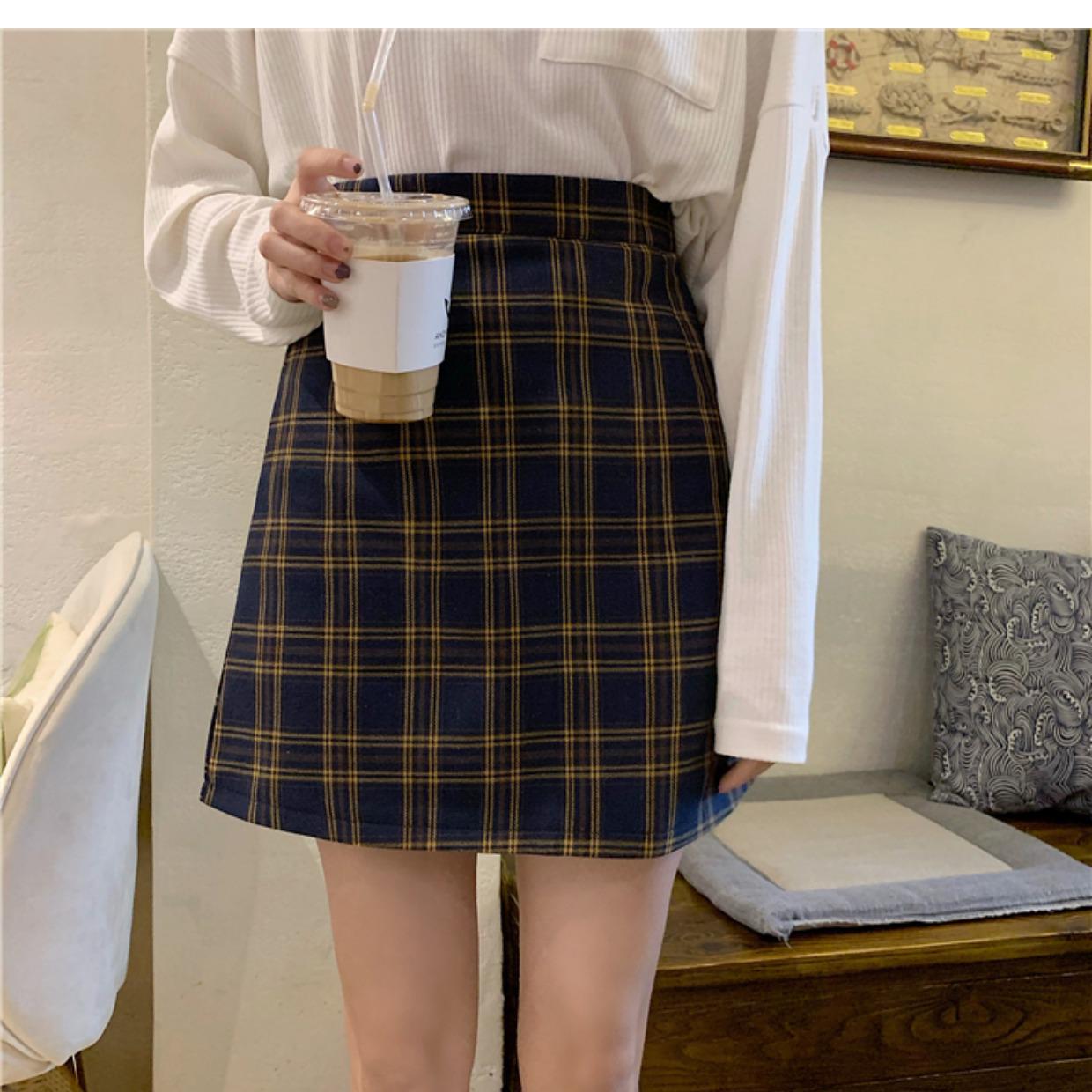 

Юбка миди в клетку в корейском стиле: А-силуэт, высокая талия, ретро стиль Гонконга для весны/лета L чёрный