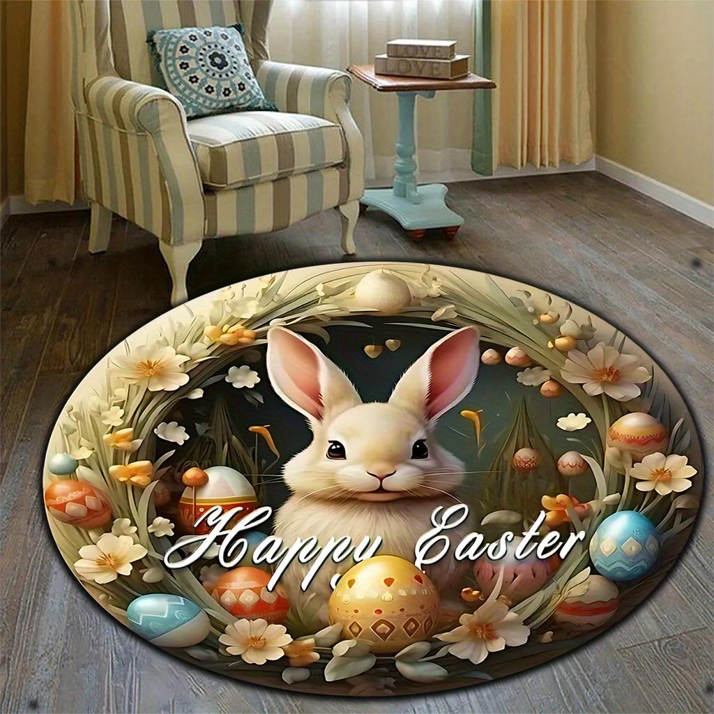 Happy Easter Rabbit Egg Patterned Area Carpet Round Non-Slip Easy To Clean Rug Living Room Bedroom Laundry Outdoor Floor Mat