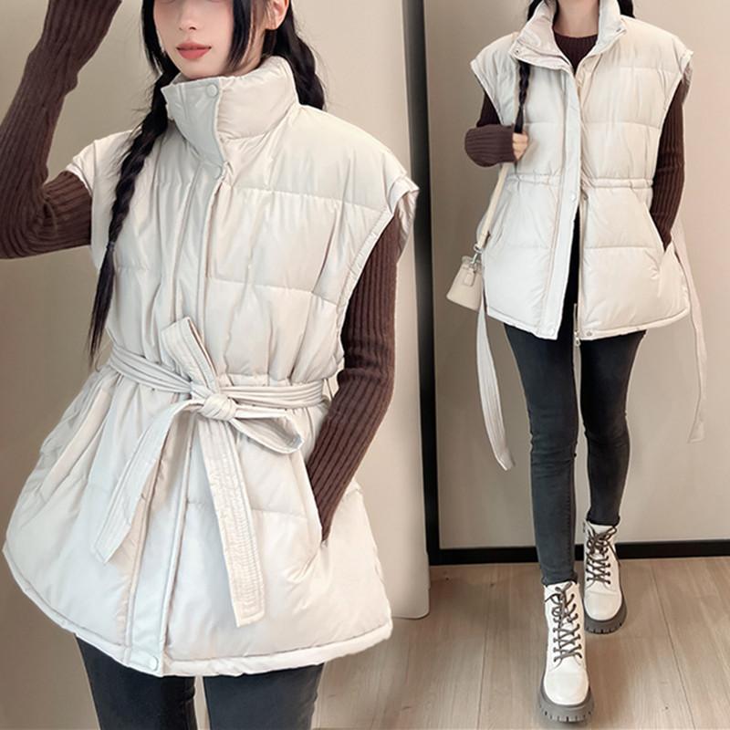Damen Herbst Winter Weste Mantel Lässig Schlank Ärmellos Stehkragen Weste mit Gürtel Damen Verdicken Warme Weste Jacken