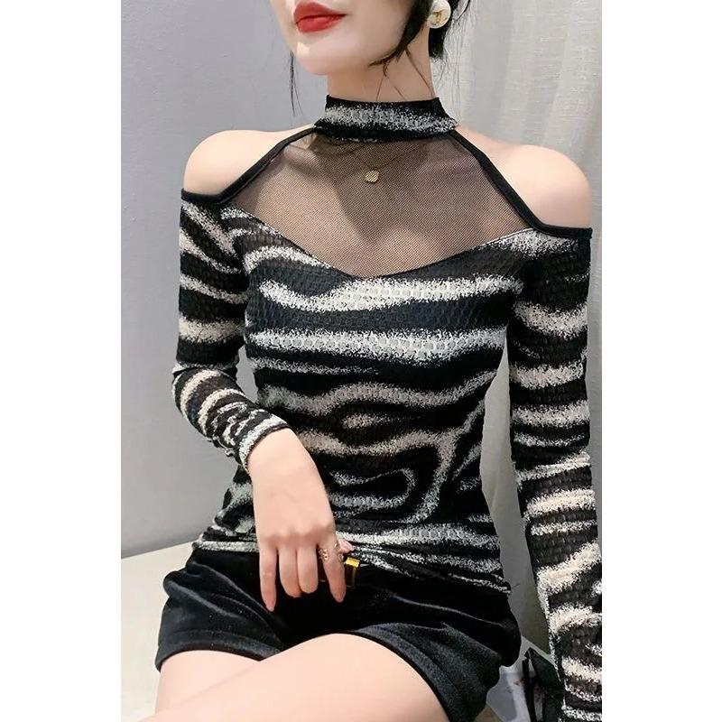 Spring Autumn New Style Creative Stitching Hollow Mesh Off-shoulder Slim Long-sleeved Women's Bottoming Shirt Trendy
