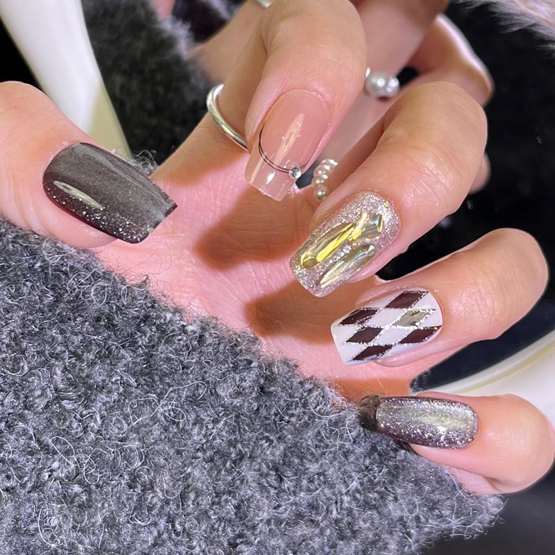 

New Year Hot-Selling Wearable Gingham Cat Eye Nail Art Short Tips Handmade Nails S Size - 10 pieces/bag