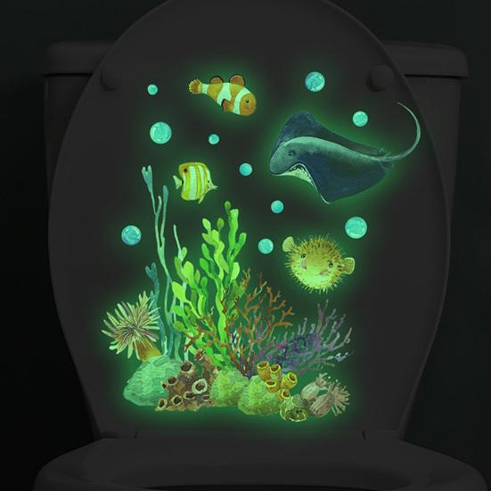Glow In The Dark Toilet Sticker Under The Sea Toilet Seat Cover Sticker Sea Life Animals Removable Waterproof Peel
