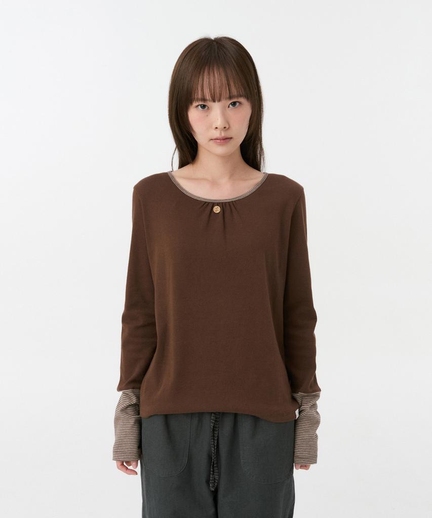 OHESHIO Shirring Color Block Long Sleeve, Brown