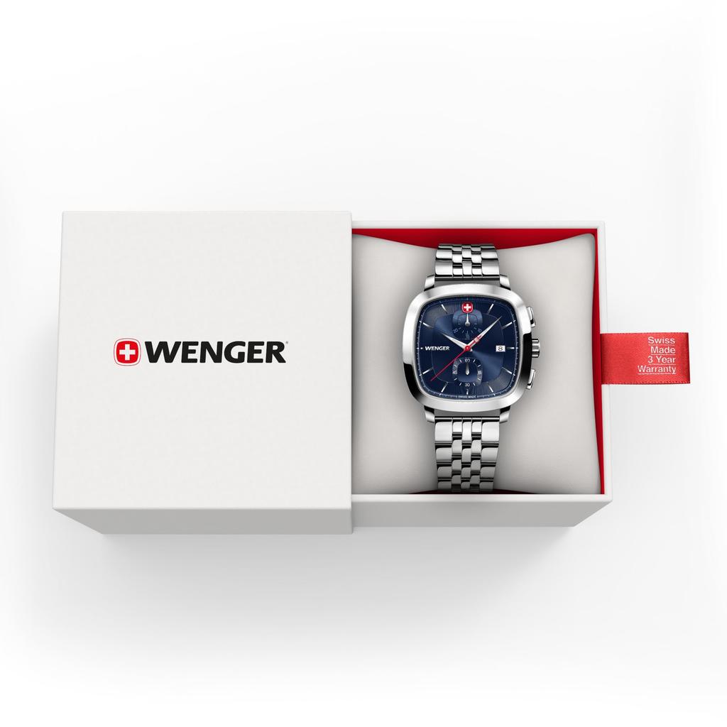 WENGER VINTAGE CLASSIC CHRONO Watch with Stainless Steel Case Blue Silver Stainless Steel Quartz 50m Water Gift Idea Men's (316L), Dial, Bracelet,