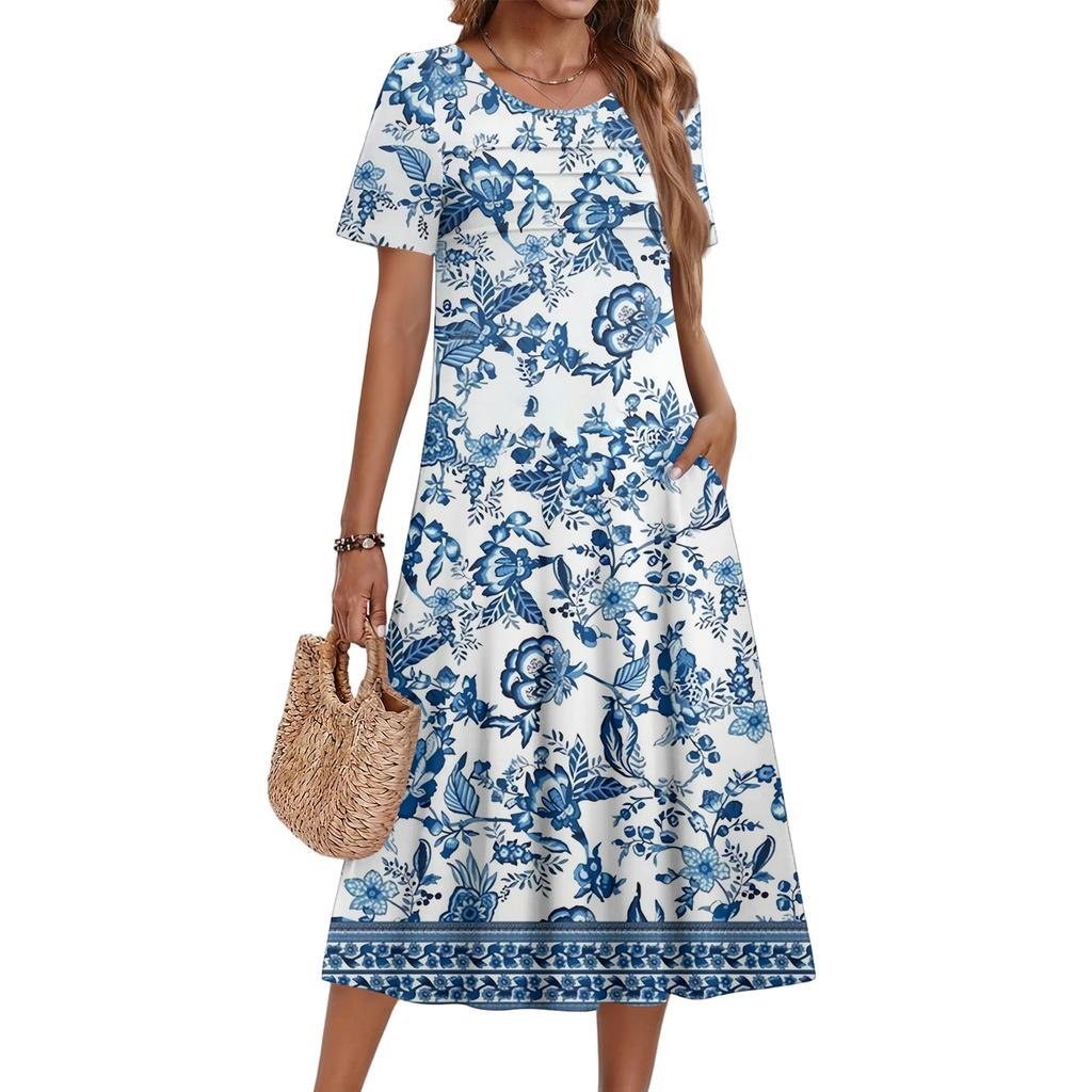 Ladies' Floral Printed Casual And Fashionable Short Sleeved Round Neck Dress