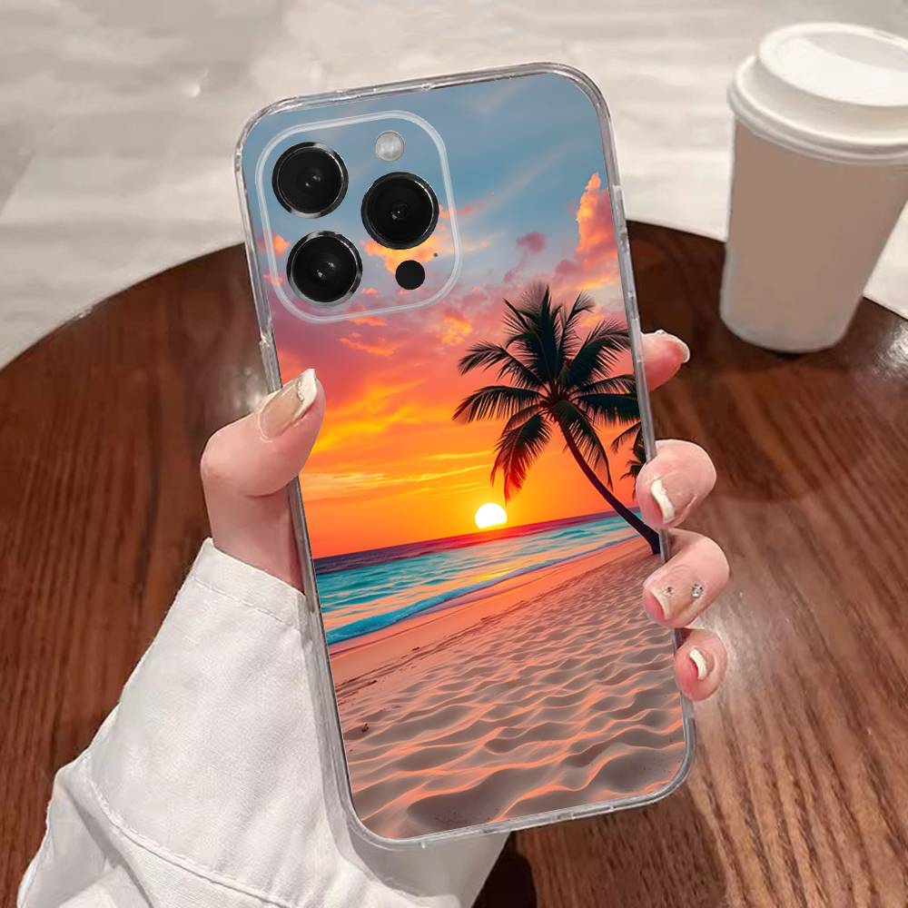 Sea Tropical Palm Trees Beach Phone Case For iPhone 17,16,15,14,13,12,11 Plus,Pro,Max,XR,XS,Plus,E,SE4,Mini Transparent Cover