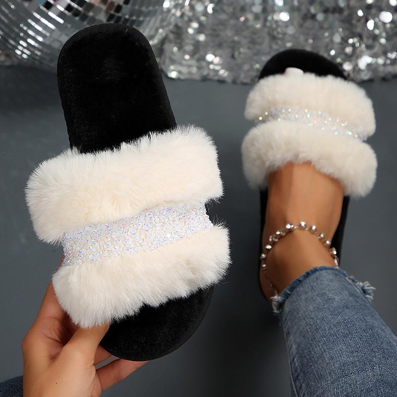 Luxury Women's Fluffy House Slippers Bling Crystal Decor Faux Fur Slides Woman Autumn Winter Open Toe Non Slip Plush Slippers