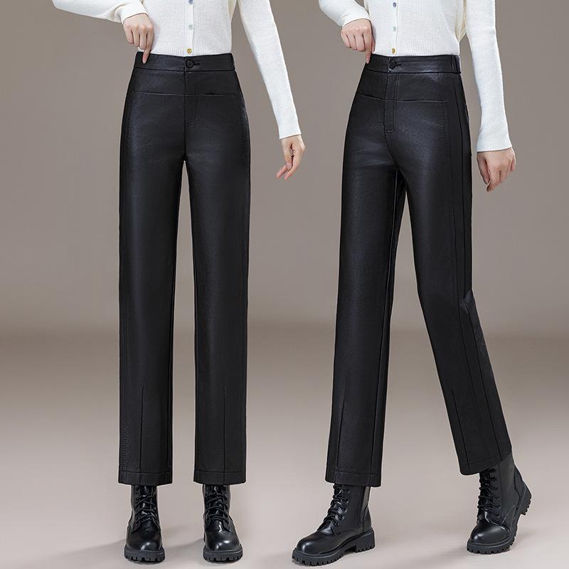 Damskie spodnie z owczej skóry z wysokim stanem i szerokimi nogawkami na Jesień/Zimę 2025 - Wszechstronna moda, Duży rozmiar, Długie proste spodnie