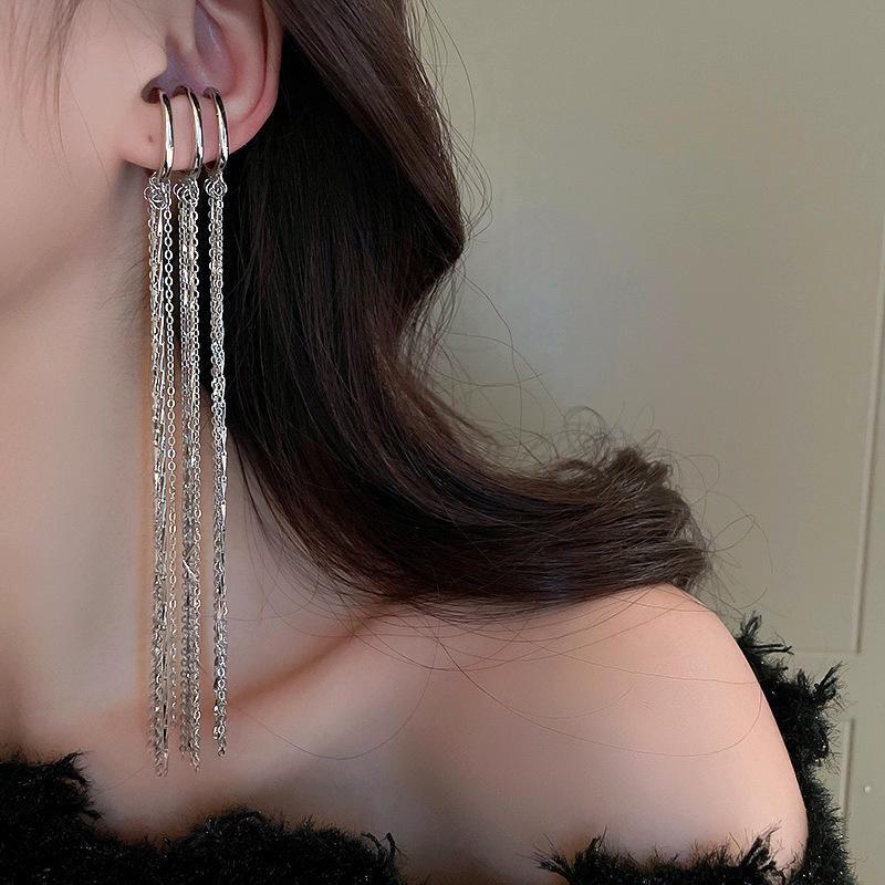 Silver Needle Star & Moon Tassel Ear Clips: Shiny Zircon, Sweet & Cool Style, Non-Pierced
