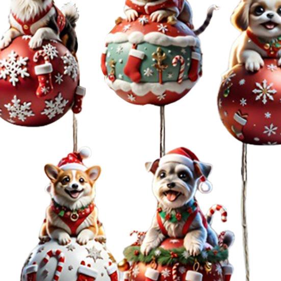 12 Pcs Wooden Christmas Ornaments Cartoon Cat/Dog On The Ball Christmas Hanging Decorations for Xmas Tree Car Window Decor
