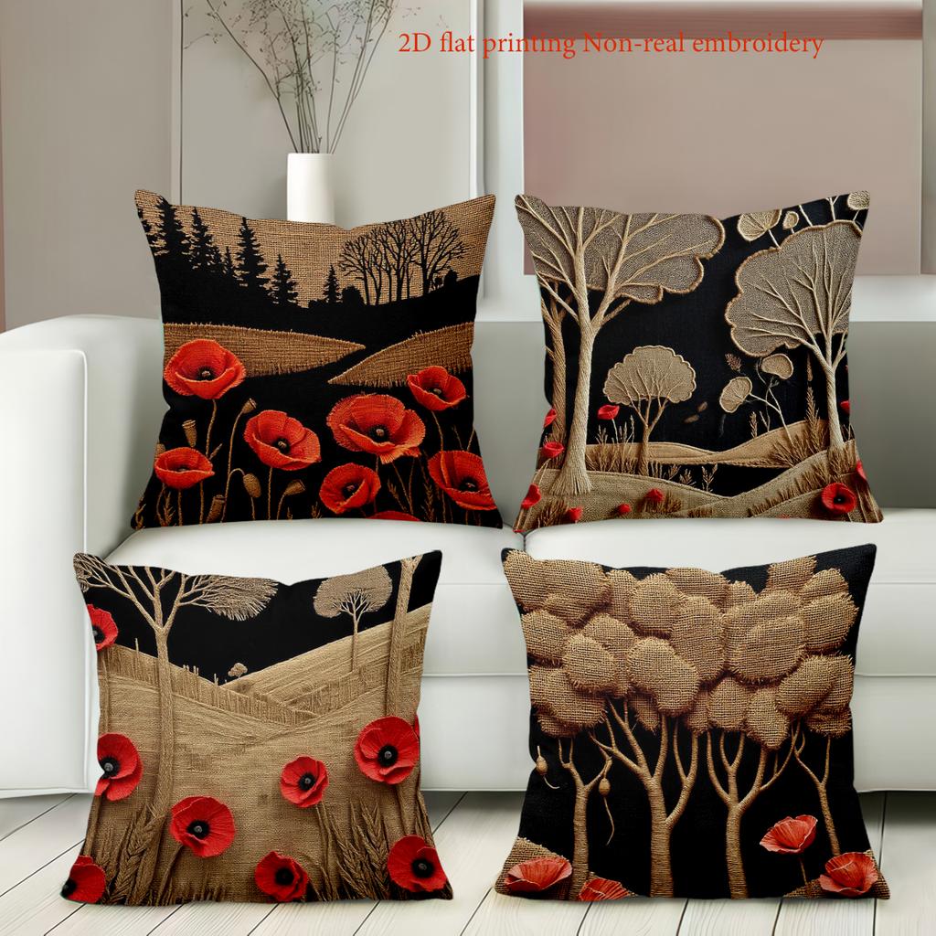 2D Flat Printed Poppy & Tree Pattern Non-real Embroidery Pillows Polyester pillowcase, sofa cushion cov Headboard Pillow