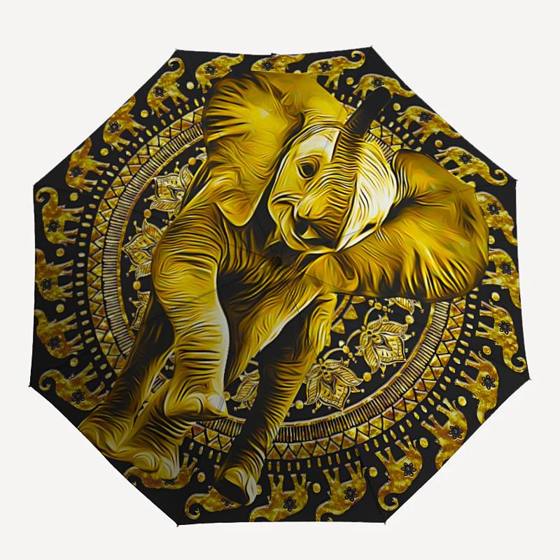 

1pc Golden Elephant Mandala Automatic Umbrella - 8-Rib Durable Frame, Portable Fashion Accessory & Holiday Gift yy251117158