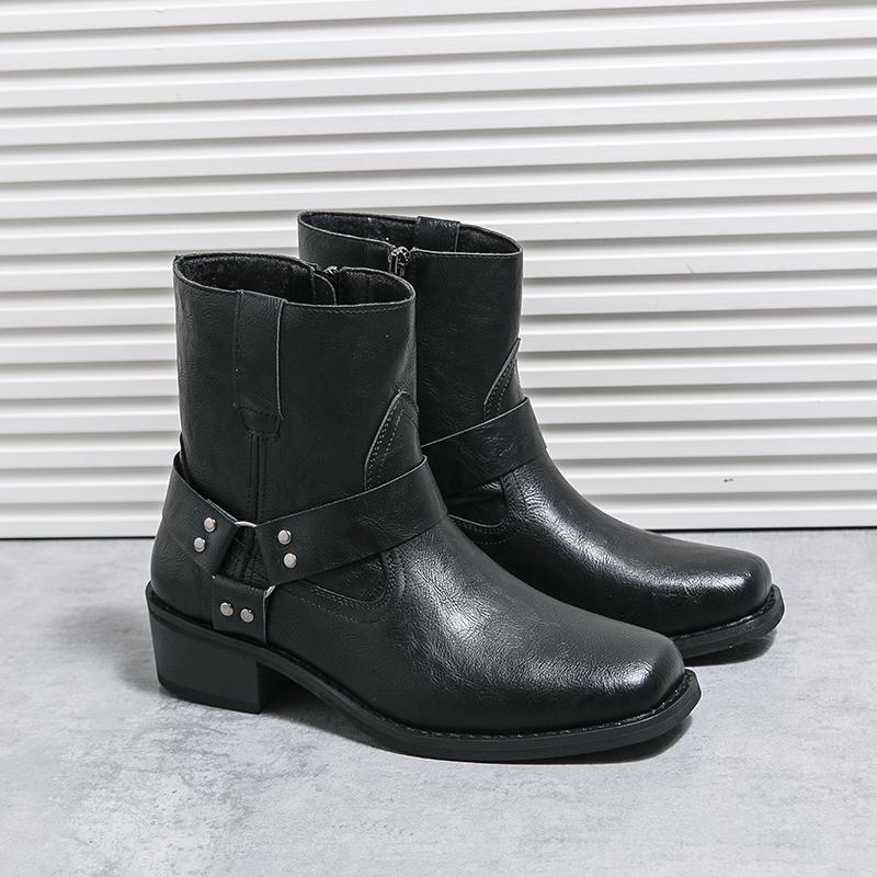 Fashion Square Toe Boots Men PU Solid Color Low Heel Comfortable Non Slip Classic Business Casual Men Short Boots