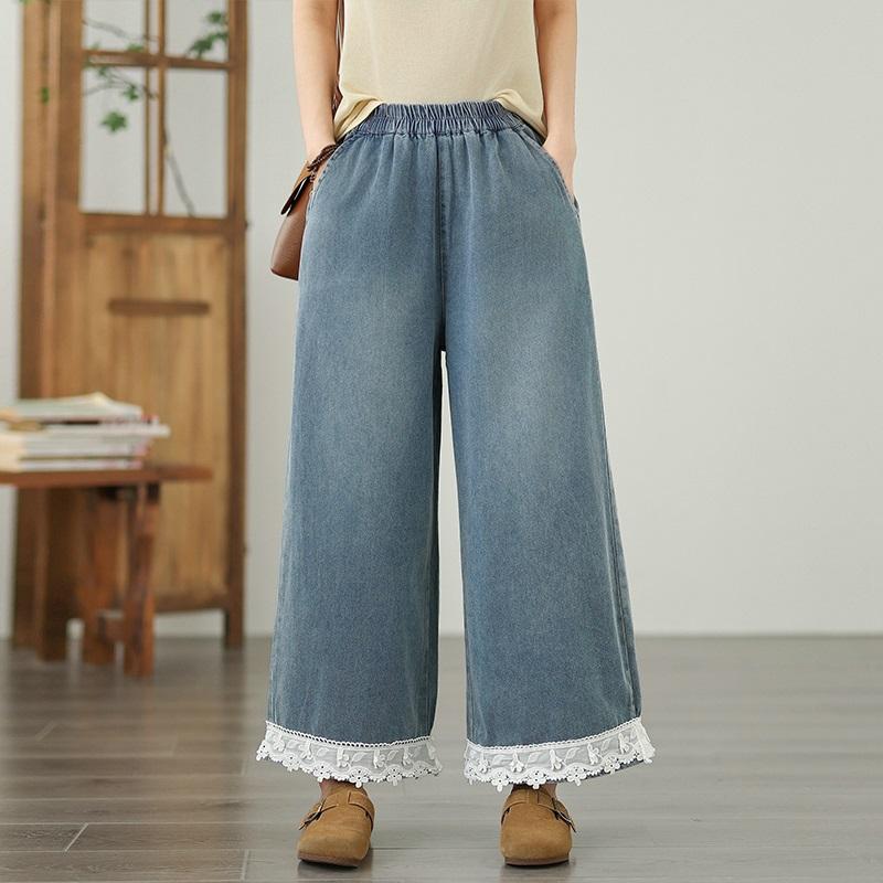 

plus size thin Vintage lace patchwork high waist casual loose Women summer jeans denim wide leg Pants L светло-синий