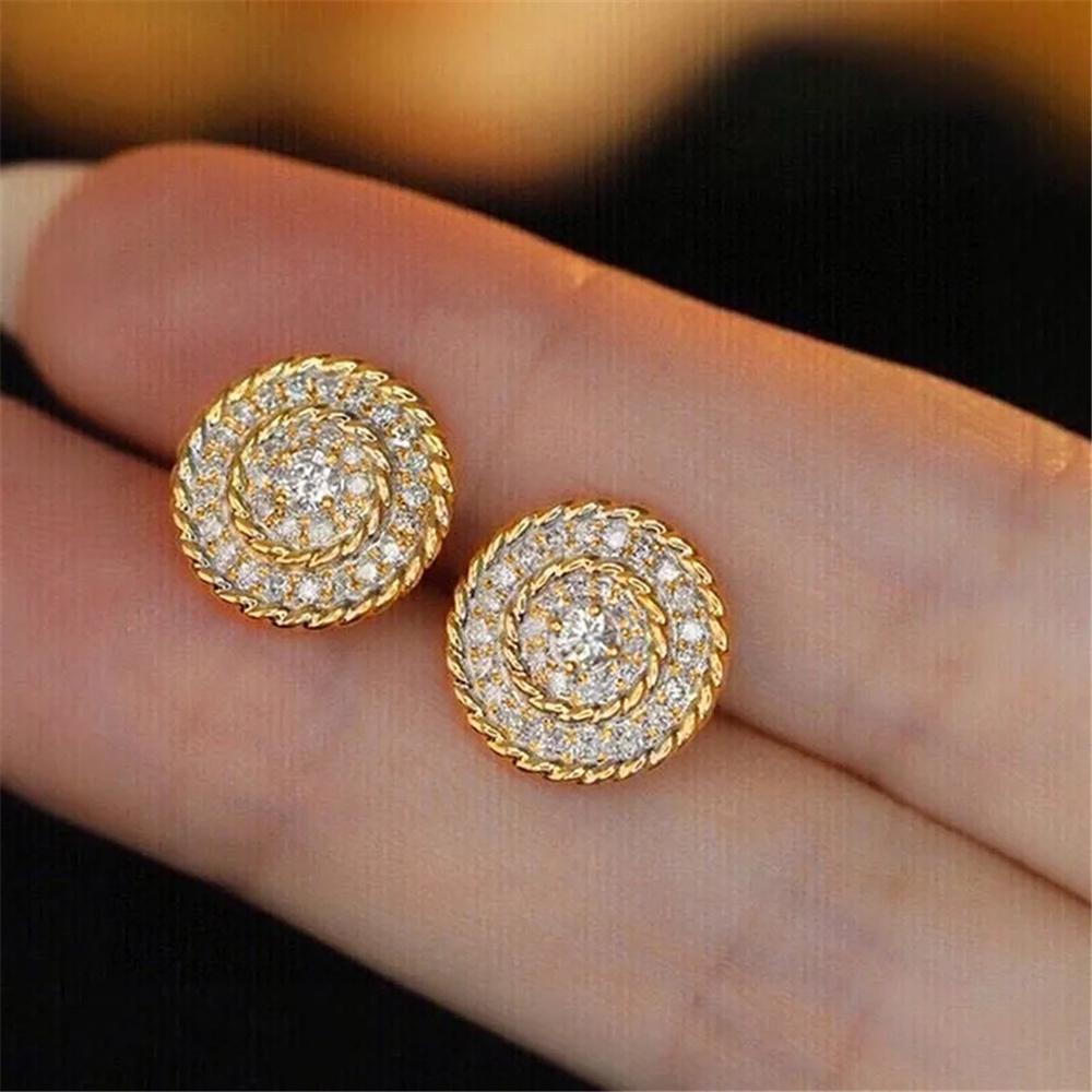 Female Cute Crystal White Zircon Stone Round Stud Earrings Vintage Gold Color Wedding Fashion  For Women