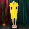 Large Size Women Summer Fashion Solid Dress Ladies Sexy One Piece V Neck Slit Dress with Belt