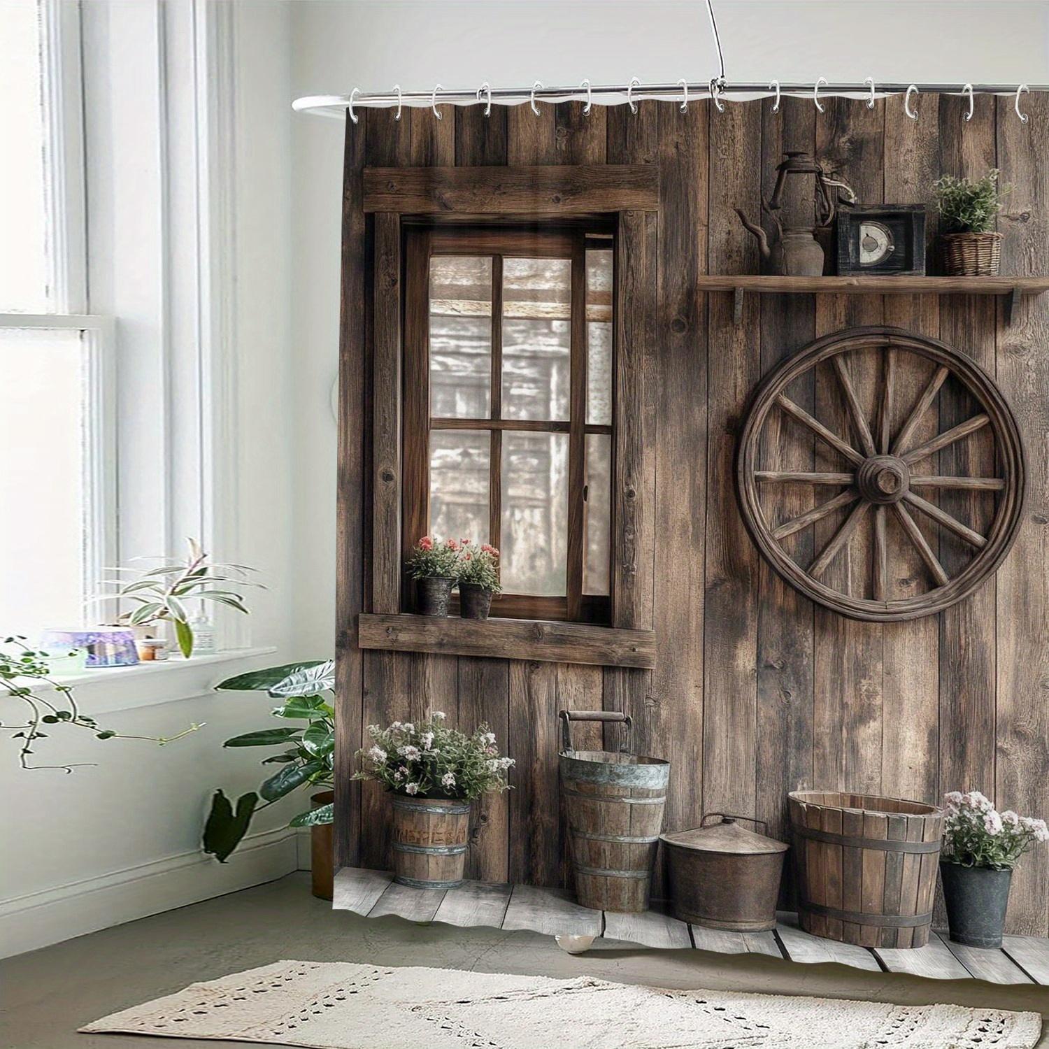 

Rustic Wooden Barn Shower Curtain Vintage Window Wheel Bucket Decor Farmhouse Bathroom Art 3D Printed Waterproof Bath Curtain 90x180CM