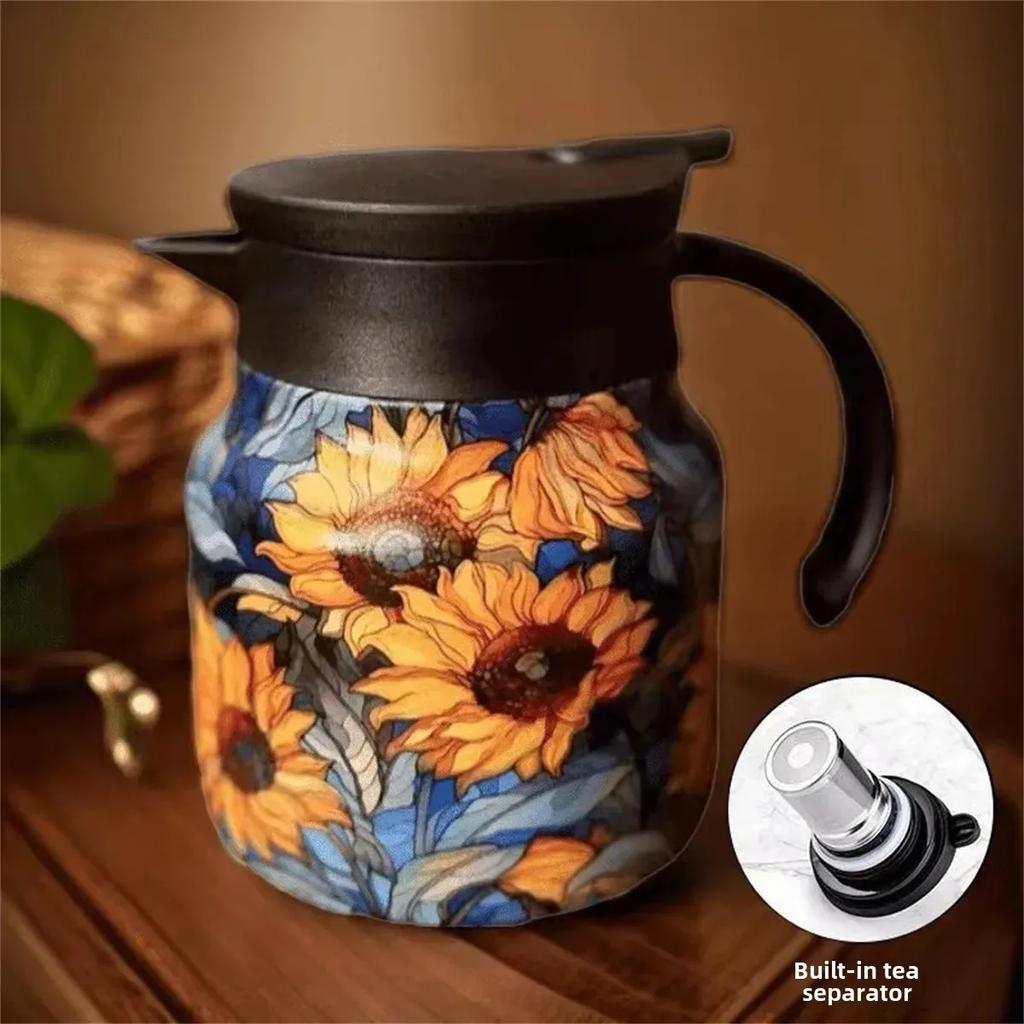316 Stainless Steel Thermal Carafe 800ml Coffee Pot with Floral Painting with Tea Infuser Keep Warm Function Tea Pot Coffee Cup