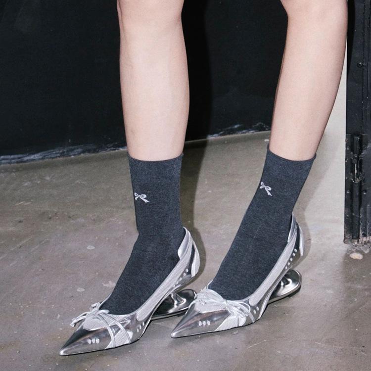 Niche Silver Pointed Special-shaped Suspension Heel Light Mouth Single Shoes Women's 2025 Autumn New Bow Mesh High Heels