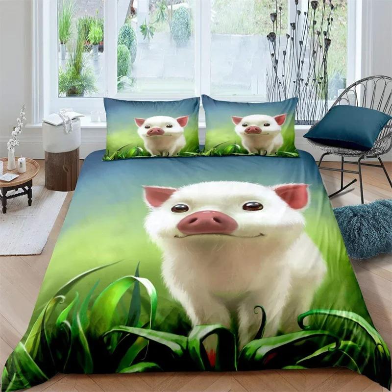 Farm Animal Duvet Cover Kawaii Pig Bedding Set Polyester Pigs Floral Comforter Cover Twin King For Teen Boy Girl Gift Room Decor