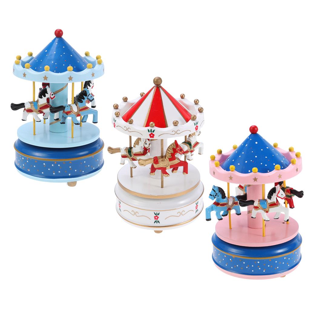 Wooden Carousel Music Box Wooden Decorative Toy Desktop Musical Box Gifts for Christmas Birthday Valentine's Day (Red)