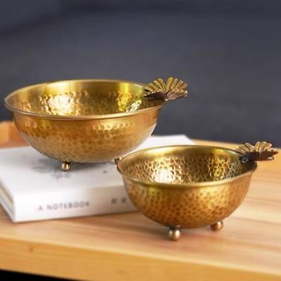 Round Shape Brass Fruit Tray,Retro Engraving Butterfly Accessories Hammer Texture Home Cheese Plate,Snack Disc Table Decoration